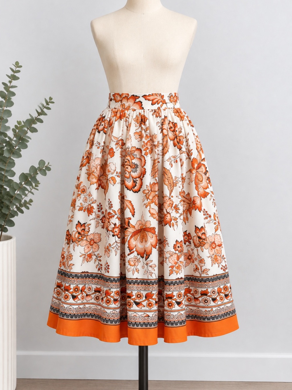 SHEIN White Skirt with Orange Floral Border